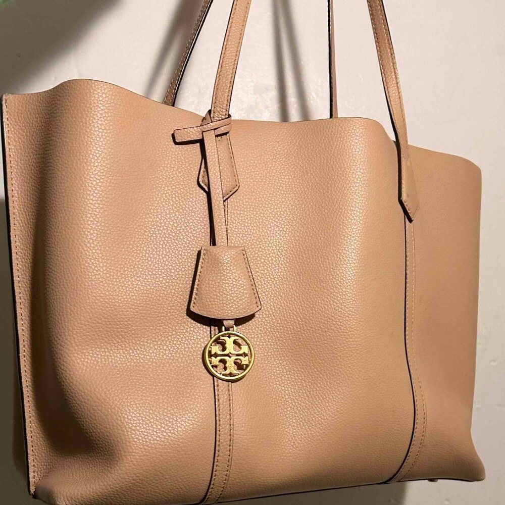 Tory Burch Triple Compartment Perry Leather work tote w/ bright Orange Interior